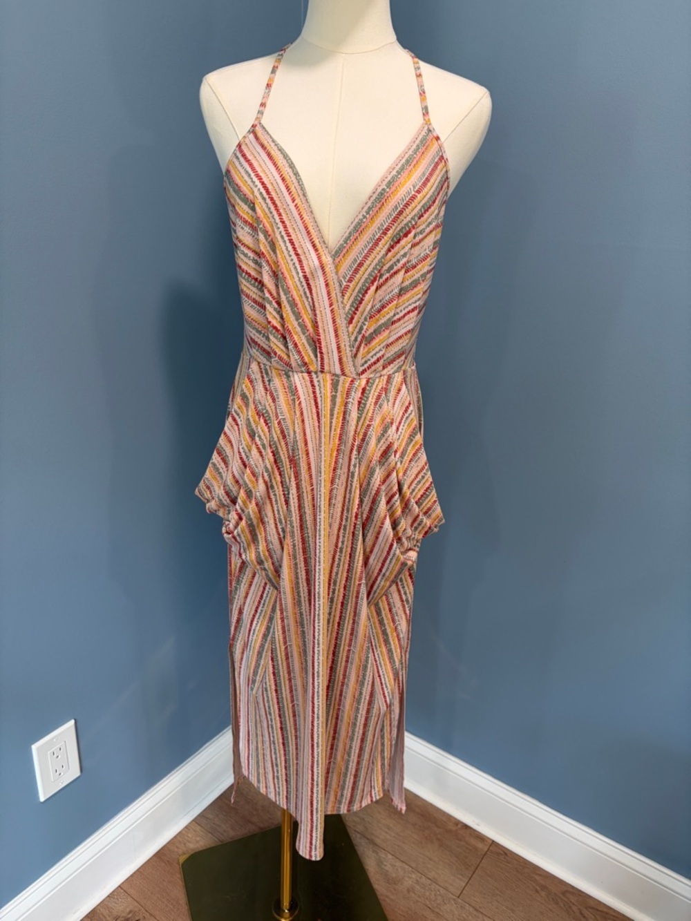 BCBGeneration Striped Midi Dress Boho Pockets Cutout Back Sleeveless